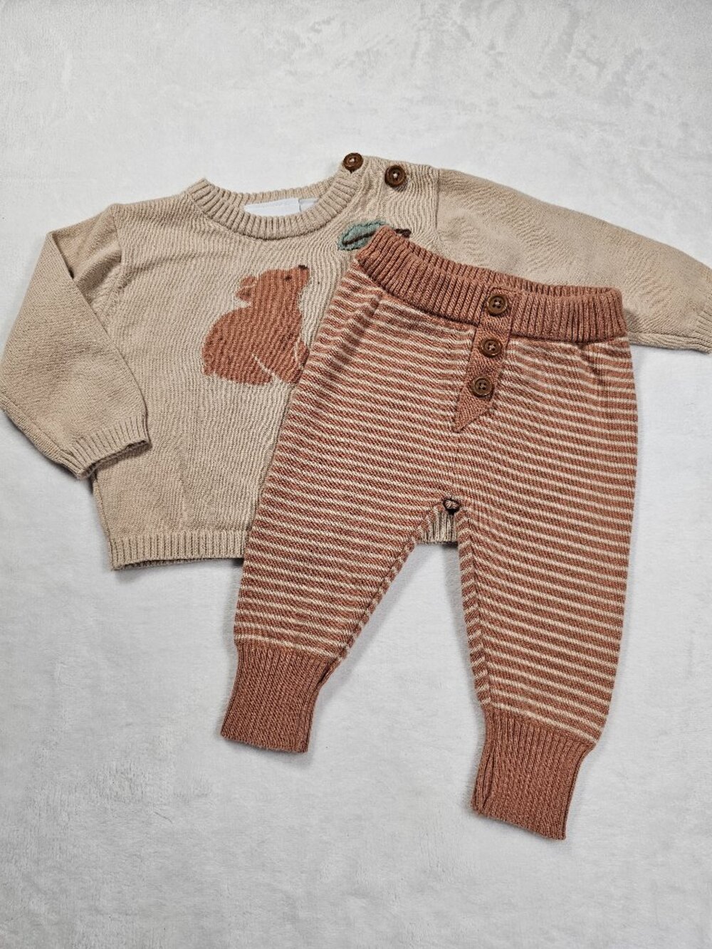 Elegant Baby Knit Bear Sweater & Striped Pants Set 3M Neutral Baby Outfit